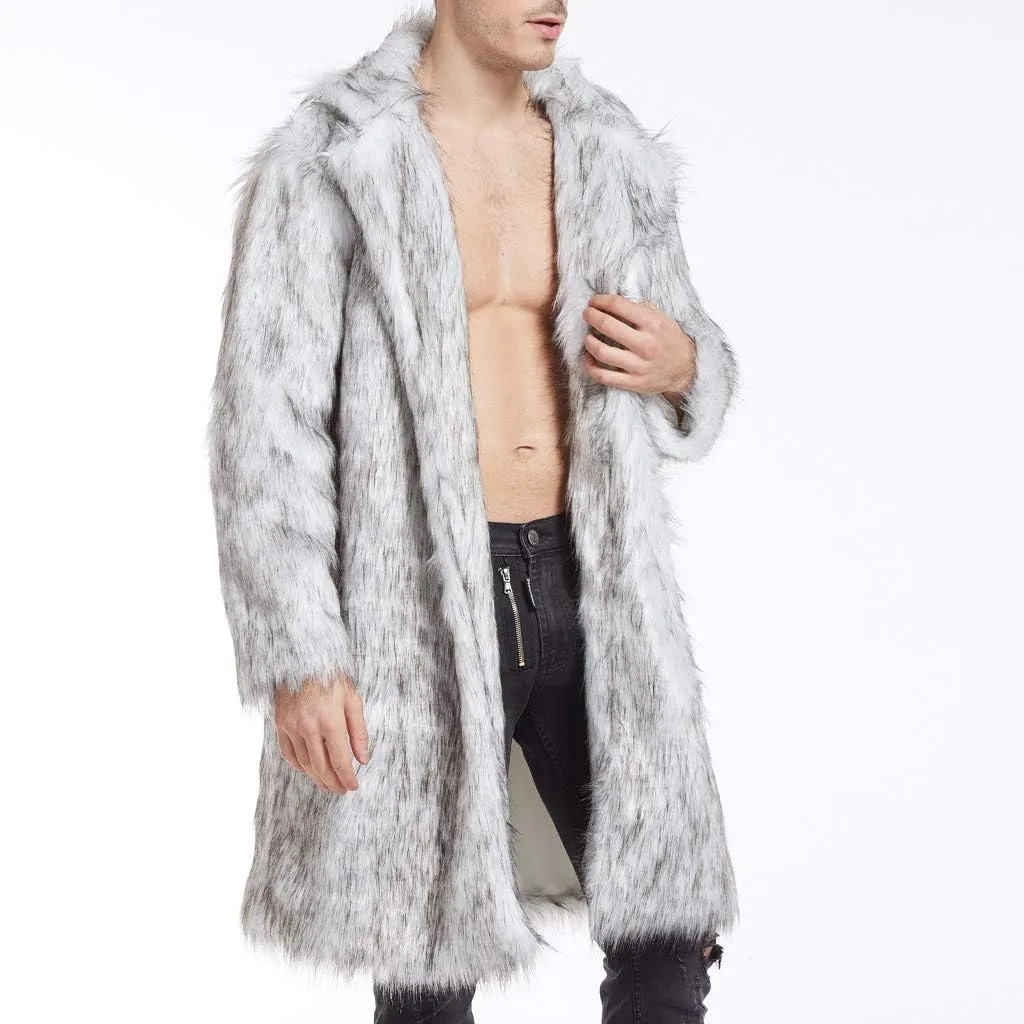 Men's Winter Faux Fur Coats Turn-Down Collar Long Jackets Warm Overcoat Open Front Furry Outerwear with Pockets