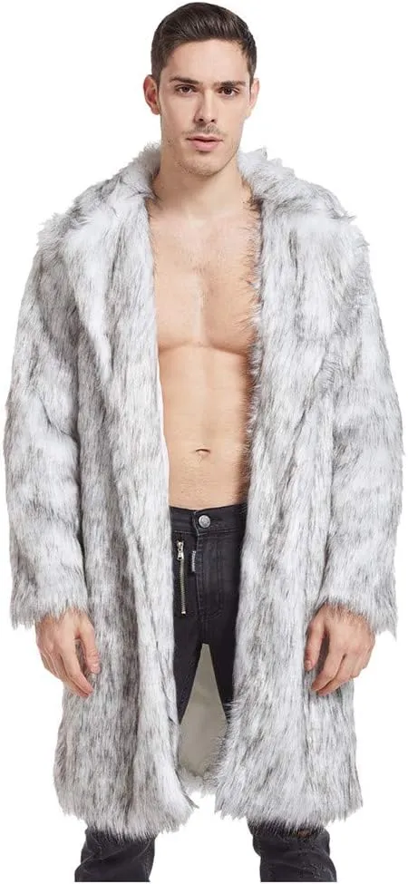 Men's Winter Faux Fur Coats Turn-Down Collar Long Jackets Warm Overcoat Open Front Furry Outerwear with Pockets