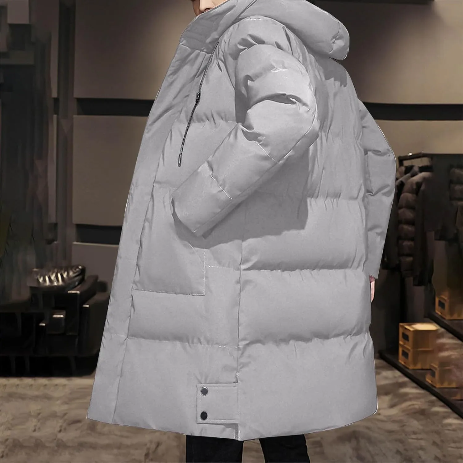 Men's Winter Puffer Jacket Hooded Full Zip Up Long Pea Coat Outdoor Warm Solid Quilted Padded Jackets with Pockets
