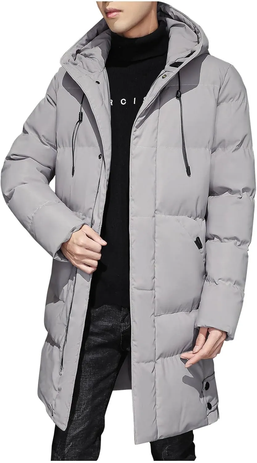 Men's Winter Puffer Jacket Hooded Full Zip Up Long Pea Coat Outdoor Warm Solid Quilted Padded Jackets with Pockets