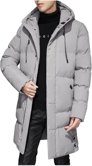 Men's Winter Puffer Jacket Hooded Full Zip Up Long Pea Coat Outdoor Warm Solid Quilted Padded Jackets with Pockets