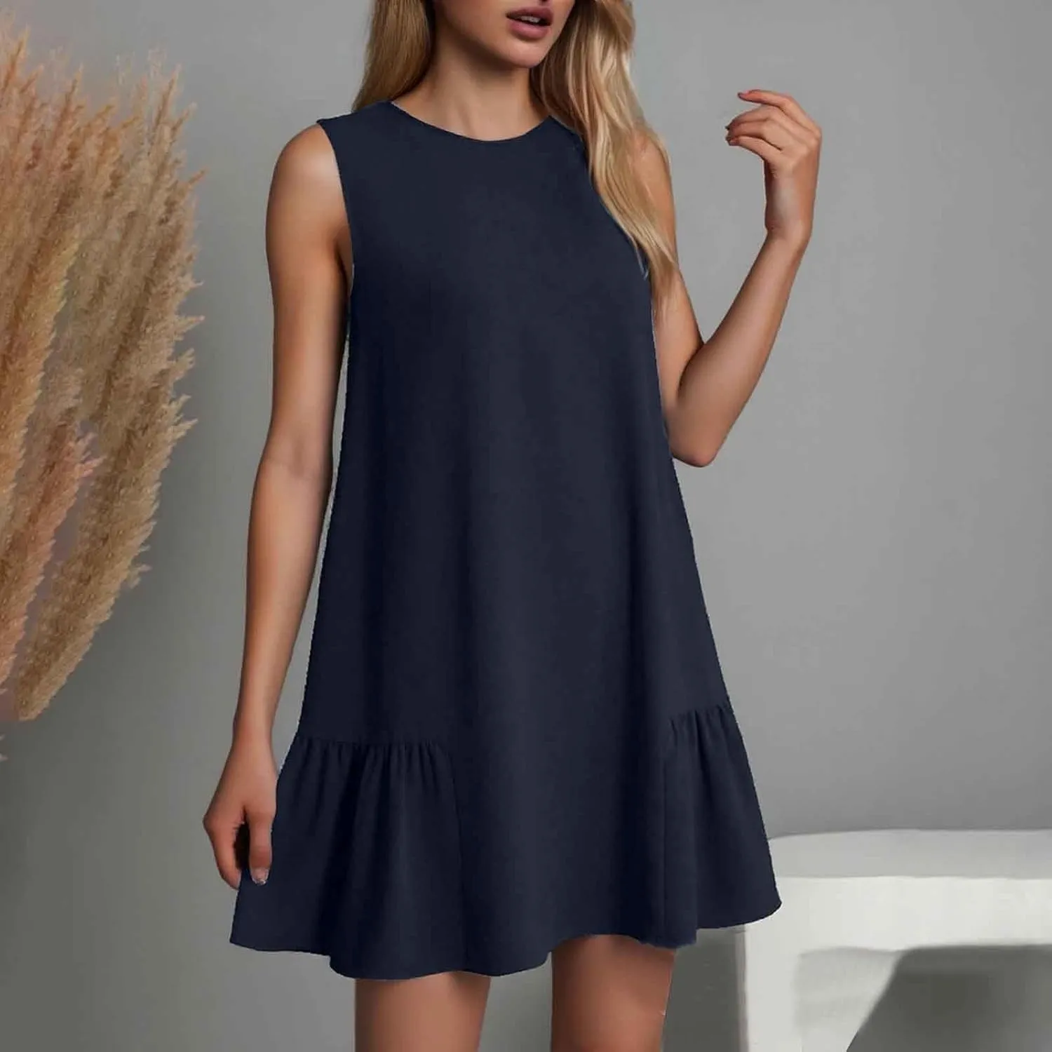 Mini Dresses for Women Casual Summer Front Ruffle Hem Sleeveless Tank Dress Bohemian Swing Beach Vacation Sundress