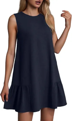 Mini Dresses for Women Casual Summer Front Ruffle Hem Sleeveless Tank Dress Bohemian Swing Beach Vacation Sundress