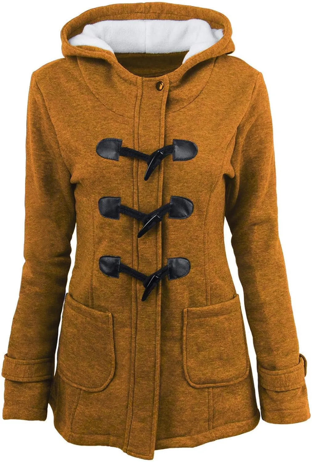 Mmoneyake Womens Fuzzy Fleece Pea Coat Classic Horn Buttons Zipper Hooded Jacket Winter Warm Long Sleeve Outerwear Tops