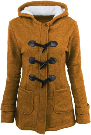 Mmoneyake Womens Fuzzy Fleece Pea Coat Classic Horn Buttons Zipper Hooded Jacket Winter Warm Long Sleeve Outerwear Tops