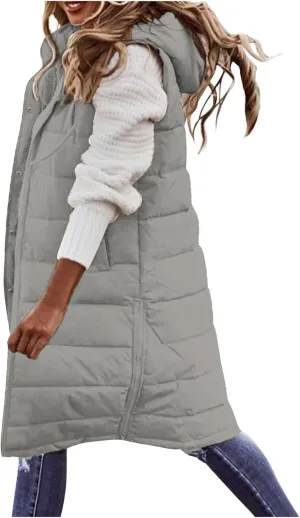 Mmoneyake Womens Long Down Vest Full-Zip Hooded Sleeveless Down Jacket Coat Warm Winter Outdoor Puffer Quilted Vest Outerwear
