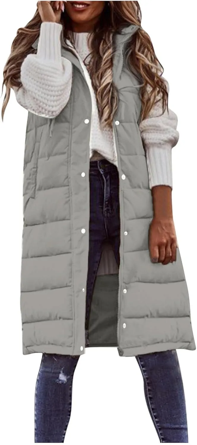 Mmoneyake Womens Long Down Vest Full-Zip Hooded Sleeveless Down Jacket Coat Warm Winter Outdoor Puffer Quilted Vest Outerwear