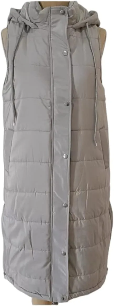 Mmoneyake Womens Long Down Vest Full-Zip Hooded Sleeveless Down Jacket Coat Warm Winter Outdoor Puffer Quilted Vest Outerwear