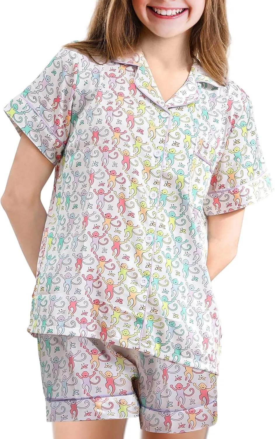 Monkey Pajamas Pjs Shorts Sets,Kids 2 Piece Button Down Monkey Beach Shorts Set,Cute Animals Print Floral Nightwear