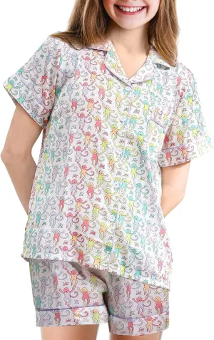 Monkey Pajamas Pjs Shorts Sets,Kids 2 Piece Button Down Monkey Beach Shorts Set,Cute Animals Print Floral Nightwear