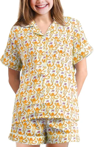 Monkey Pajamas Pjs Shorts Sets,Kids 2 Piece Button Down Monkey Beach Shorts Set,Cute Animals Print Floral Nightwear