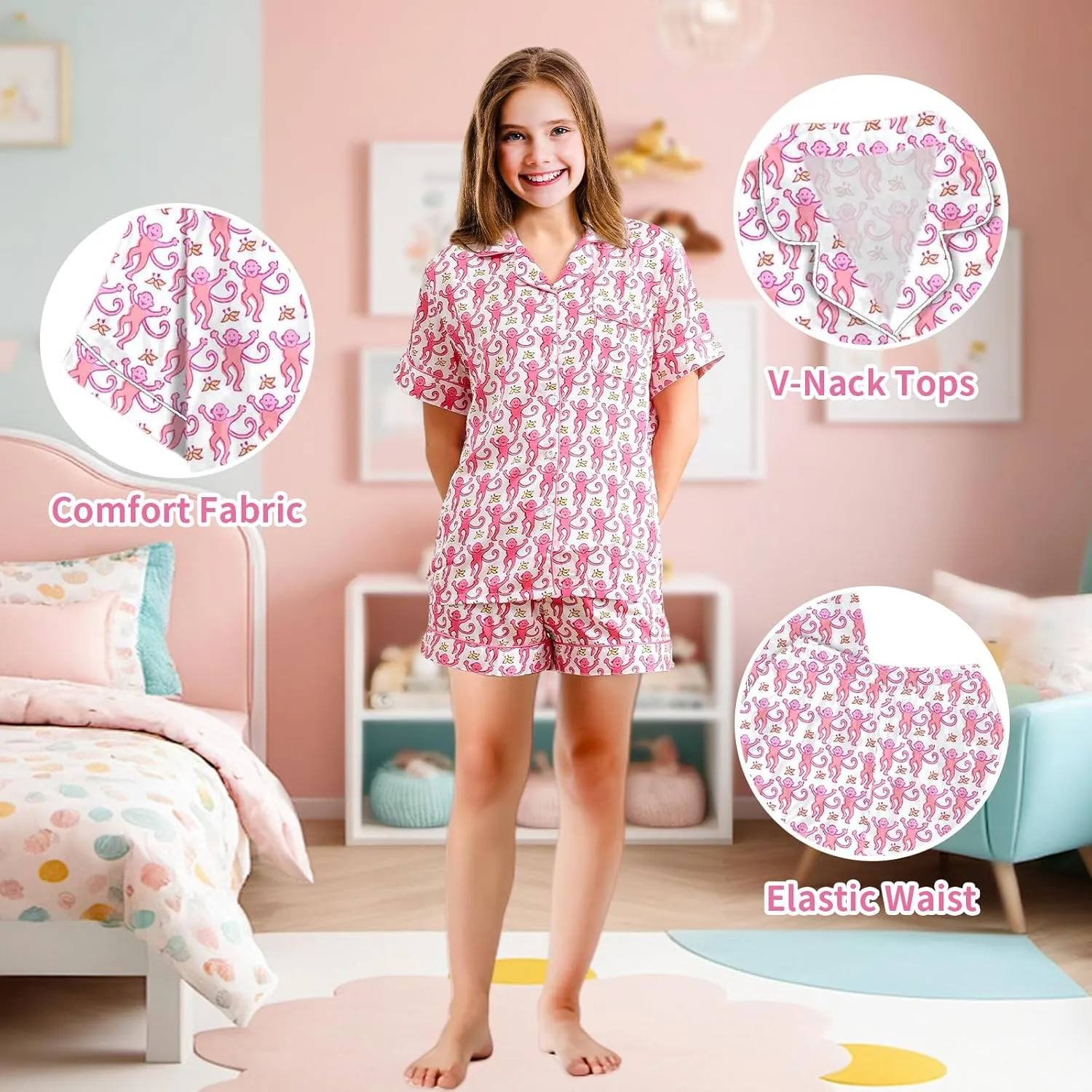 Monkey Pajamas Pjs Shorts Sets,Kids 2 Piece Button Down Monkey Beach Shorts Set,Cute Animals Print Floral Nightwear