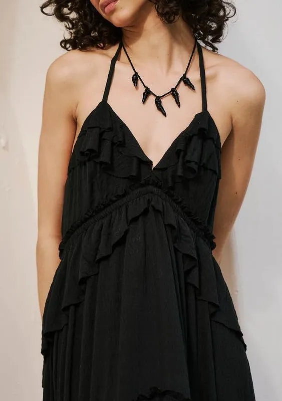 NUFIWI Sexy V Neck Backless Asymmetrical Ruffle Maxi Dress Halter Neck Sleeveless Long Dress Cutout Flowy Tiered Sundresses