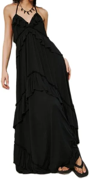 NUFIWI Sexy V Neck Backless Asymmetrical Ruffle Maxi Dress Halter Neck Sleeveless Long Dress Cutout Flowy Tiered Sundresses