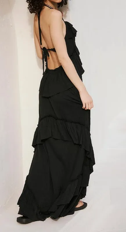 NUFIWI Sexy V Neck Backless Asymmetrical Ruffle Maxi Dress Halter Neck Sleeveless Long Dress Cutout Flowy Tiered Sundresses