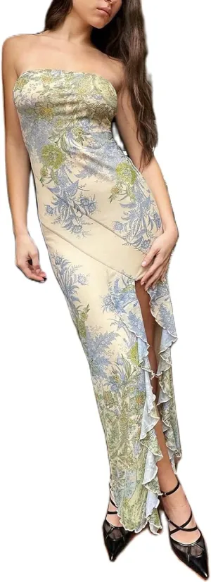 NUFIWI Strapless Tube Maxi Dress Sleeveless Off Shoulder Slim Midi Dress Tie Dye Bodycon Backless Going Out Party Dress