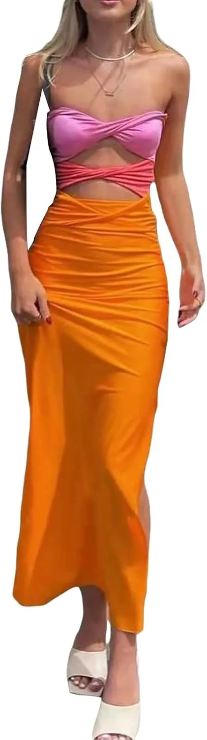 NUFIWI Strapless Tube Maxi Dress Sleeveless Off Shoulder Slim Midi Dress Tie Dye Bodycon Backless Going Out Party Dress