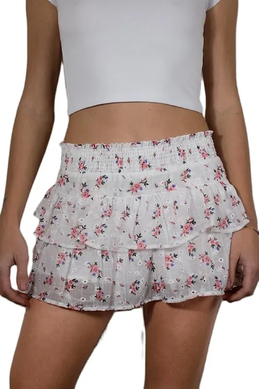 NUFIWI Women Printed Layered Ruffle Mini Skirts Elastic Waist A Line Pleated Short Skirts Low Waist Flared Flowy Beach Skirts