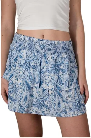 NUFIWI Women Printed Layered Ruffle Mini Skirts Elastic Waist A Line Pleated Short Skirts Low Waist Flared Flowy Beach Skirts