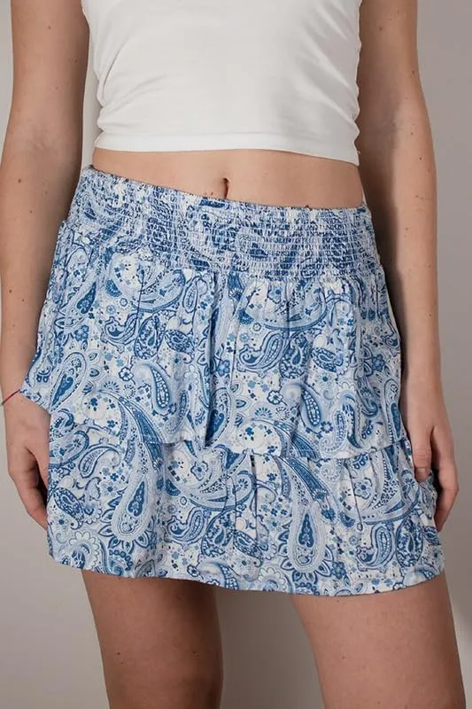 NUFIWI Women Printed Layered Ruffle Mini Skirts Elastic Waist A Line Pleated Short Skirts Low Waist Flared Flowy Beach Skirts