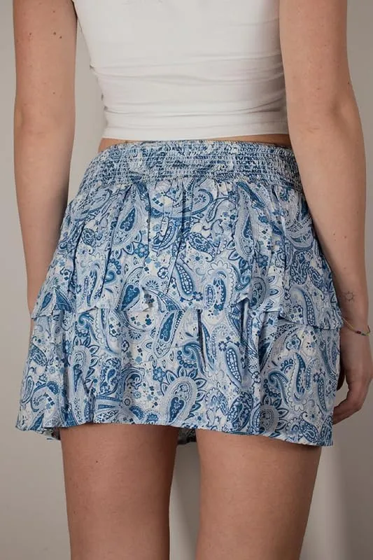 NUFIWI Women Printed Layered Ruffle Mini Skirts Elastic Waist A Line Pleated Short Skirts Low Waist Flared Flowy Beach Skirts