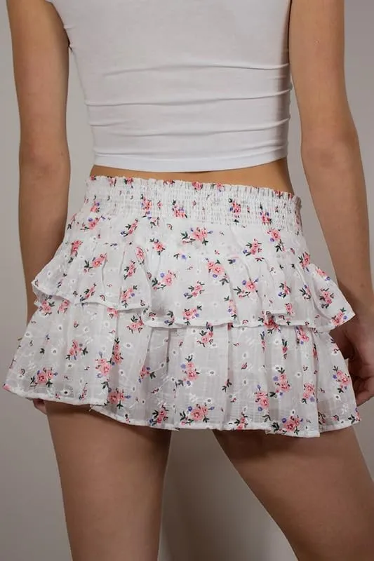 NUFIWI Women Printed Layered Ruffle Mini Skirts Elastic Waist A Line Pleated Short Skirts Low Waist Flared Flowy Beach Skirts