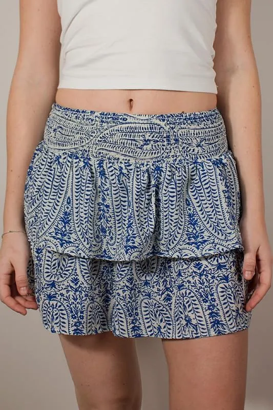 NUFIWI Women Printed Layered Ruffle Mini Skirts Elastic Waist A Line Pleated Short Skirts Low Waist Flared Flowy Beach Skirts