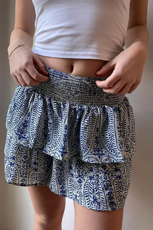 NUFIWI Women Printed Layered Ruffle Mini Skirts Elastic Waist A Line Pleated Short Skirts Low Waist Flared Flowy Beach Skirts