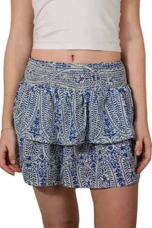 NUFIWI Women Printed Layered Ruffle Mini Skirts Elastic Waist A Line Pleated Short Skirts Low Waist Flared Flowy Beach Skirts