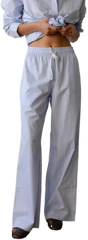 NUFIWI Women Striped Linen Pajama Pants Drawstring Wide Leg Stripes Lounge Pants Pinstriped Loose Fit Comfy Pinstripe Pants
