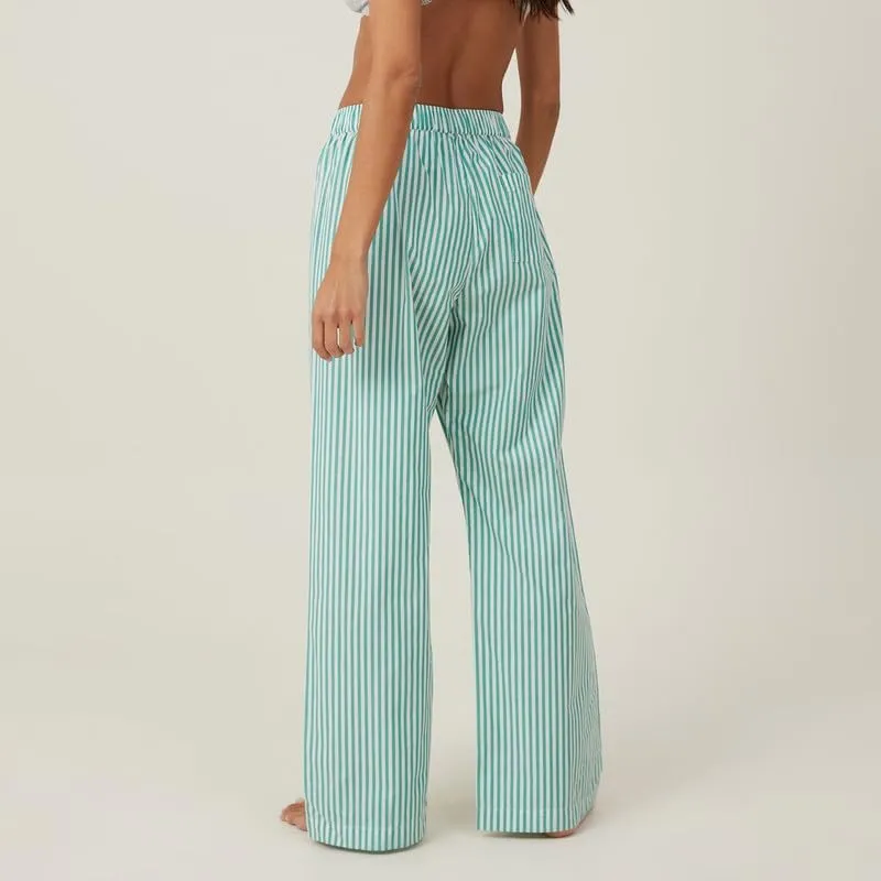 NUFIWI Women Striped Linen Pajama Pants Drawstring Wide Leg Stripes Lounge Pants Pinstriped Loose Fit Comfy Pinstripe Pants
