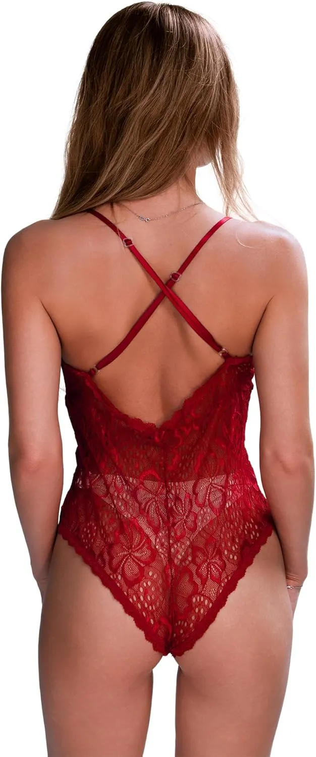 One Piece Lingerie Bodysuit for Women Deep V Teddy Lingerie Sexy Lace Nightgown Bodysuit Snap Crotch Babydoll Chemise Black