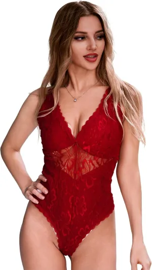One Piece Lingerie Bodysuit for Women Deep V Teddy Lingerie Sexy Lace Nightgown Bodysuit Snap Crotch Babydoll Chemise Black