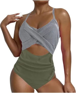One Piece Swimsuit Women 2025 Tummy Control Cutout High Waisted Bathing Suit Color Block Wrap Tie Back Beach Swimwear