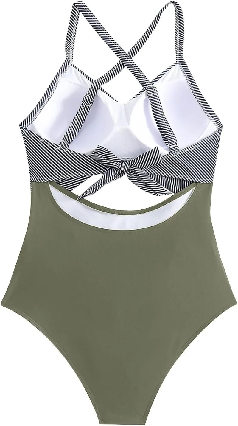 One Piece Swimsuit Women 2025 Tummy Control Cutout High Waisted Bathing Suit Color Block Wrap Tie Back Beach Swimwear