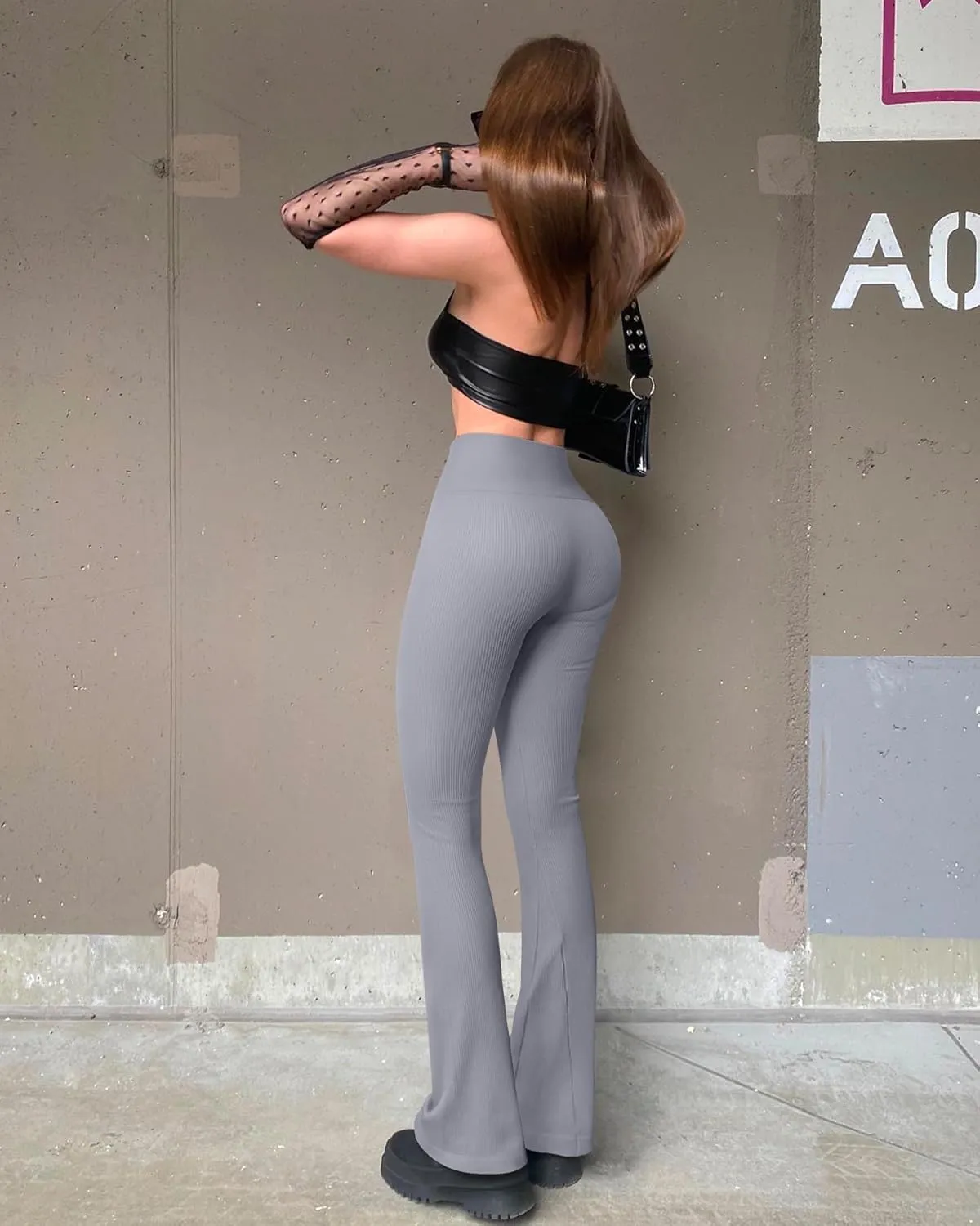OQQ Women's Flare Pants Ribbed Seamless Workout High Waist Bell Bottoms Pants