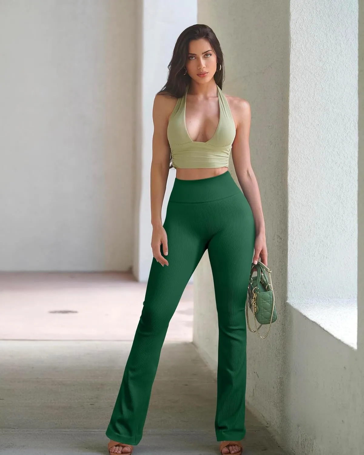 OQQ Women's Flare Pants Ribbed Seamless Workout High Waist Bell Bottoms Pants