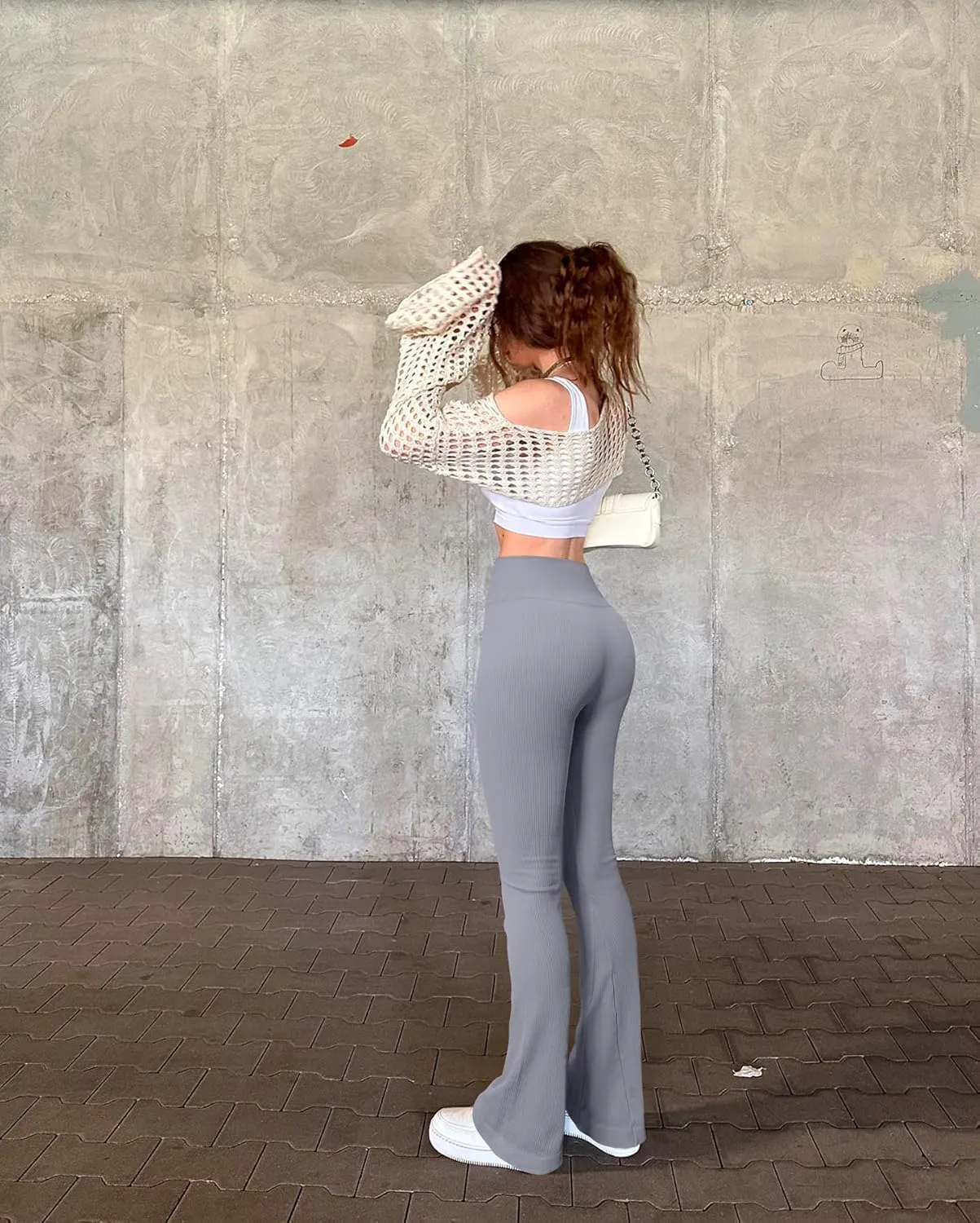 OQQ Women's Flare Pants Ribbed Seamless Workout High Waist Bell Bottoms Pants