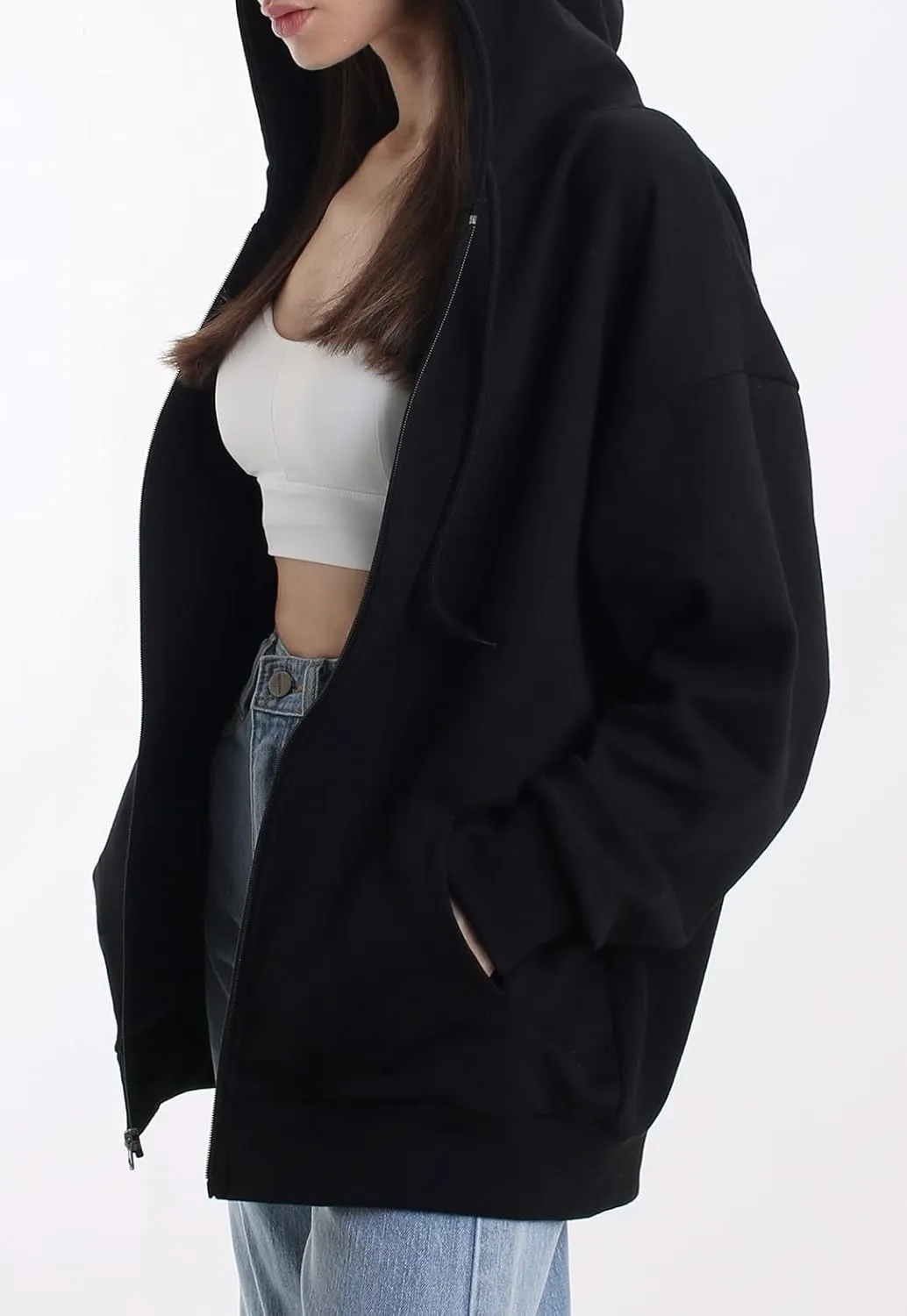 Oversized Women's Casual Full-Zip Hoodie Lightweight Long Sleeve Sweatshirt Casual Jacket with Pocket
