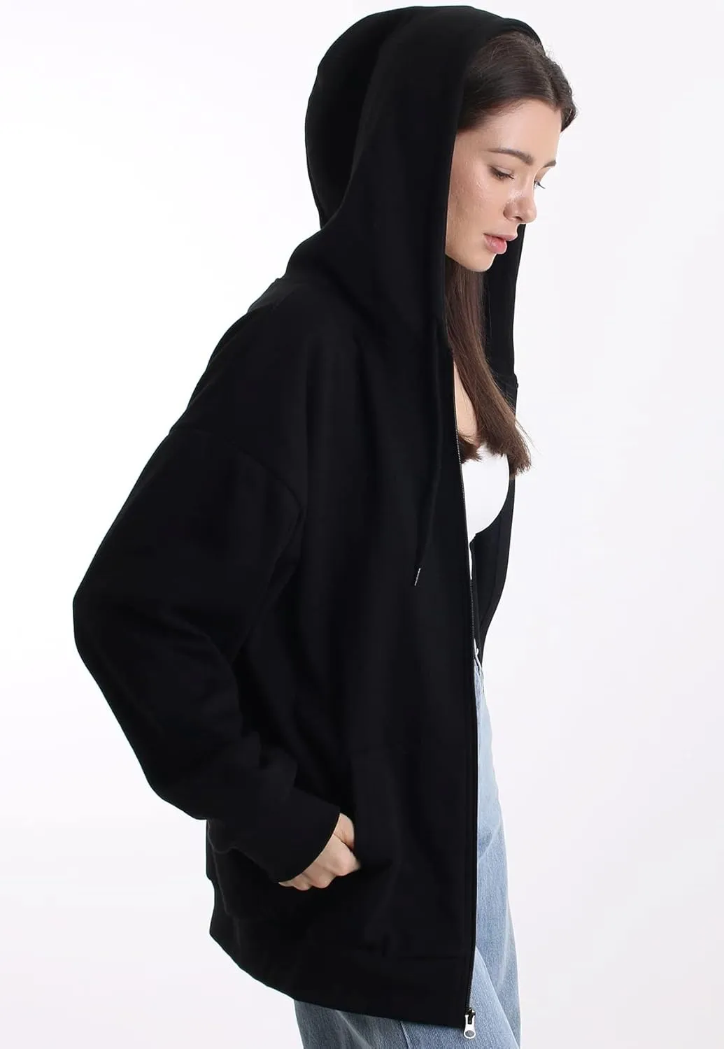 Oversized Women's Casual Full-Zip Hoodie Lightweight Long Sleeve Sweatshirt Casual Jacket with Pocket