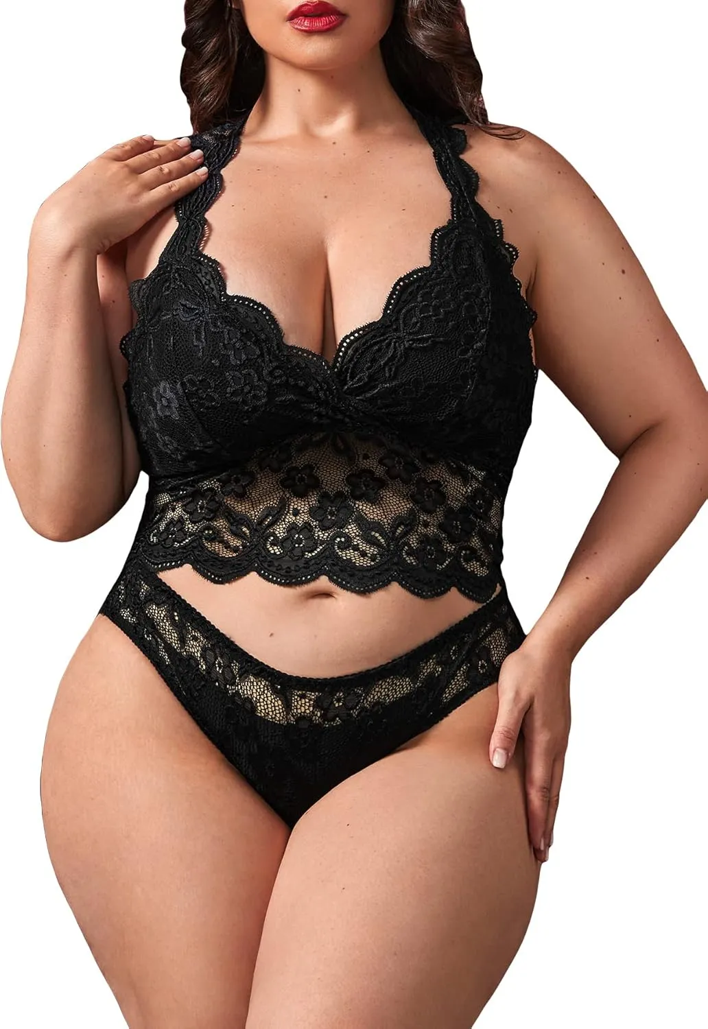 OYOANGLE Women's Plus Size 2 Piece Lingerie Set Sexy Floral Lace Scallop Bra and Panty Lingerie Set