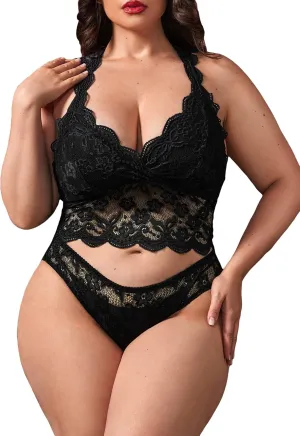 OYOANGLE Women's Plus Size 2 Piece Lingerie Set Sexy Floral Lace Scallop Bra and Panty Lingerie Set