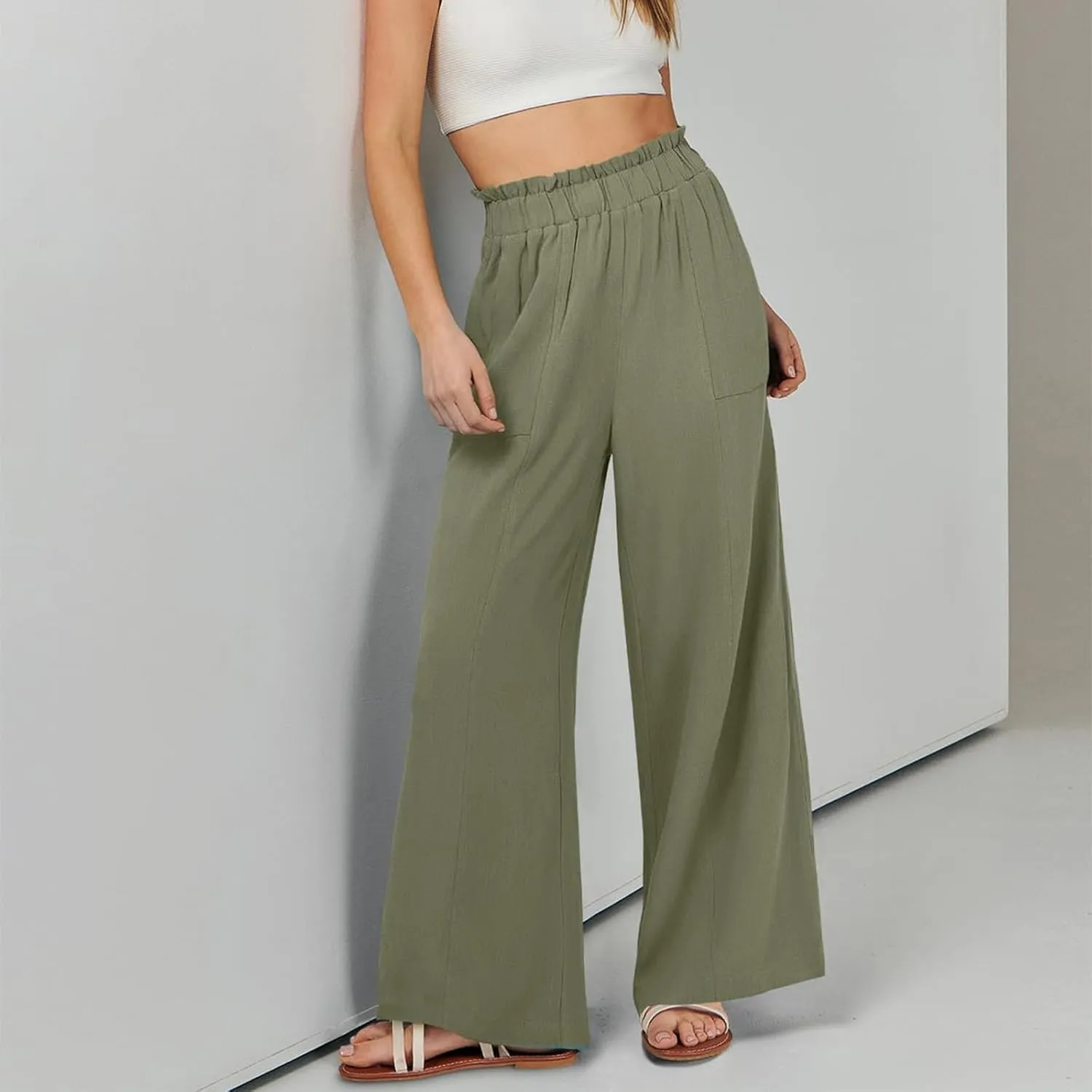 Palazzo Linen Pants for Women Elastic High Waisted Wide Leg Pants Flowy Lounge Pants Summer Beach Pants with Pockets