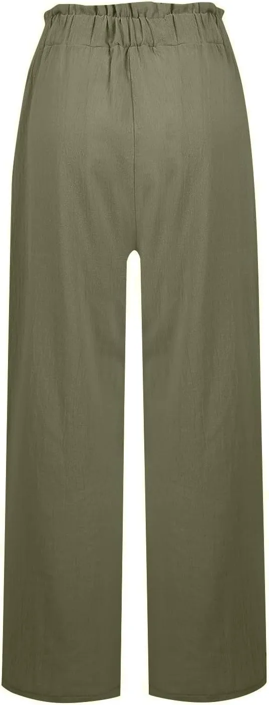 Palazzo Linen Pants for Women Elastic High Waisted Wide Leg Pants Flowy Lounge Pants Summer Beach Pants with Pockets