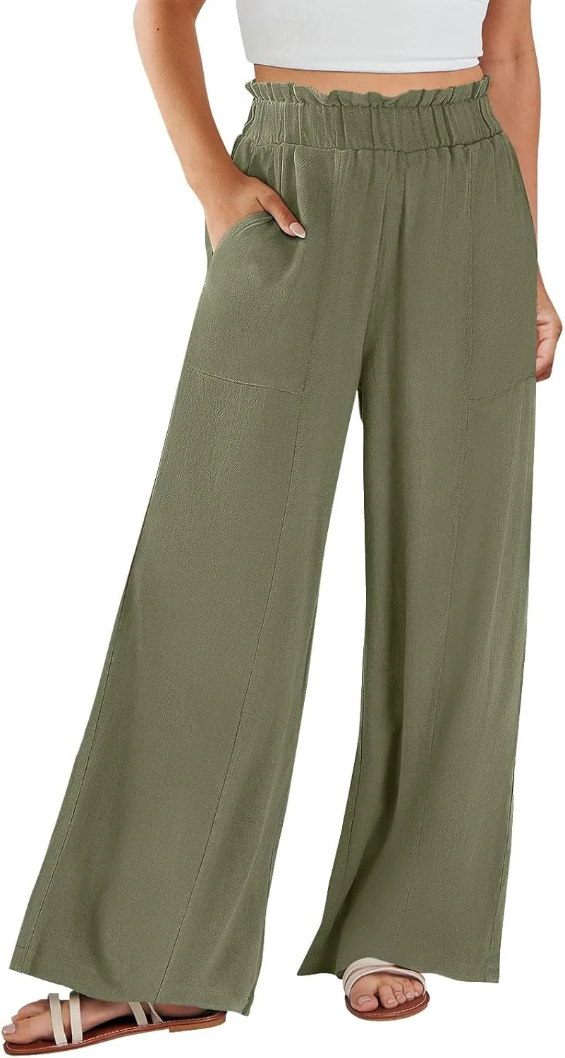 Palazzo Linen Pants for Women Elastic High Waisted Wide Leg Pants Flowy Lounge Pants Summer Beach Pants with Pockets