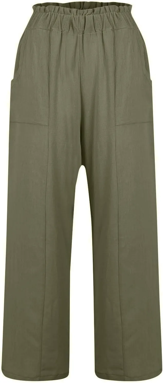 Palazzo Linen Pants for Women Elastic High Waisted Wide Leg Pants Flowy Lounge Pants Summer Beach Pants with Pockets