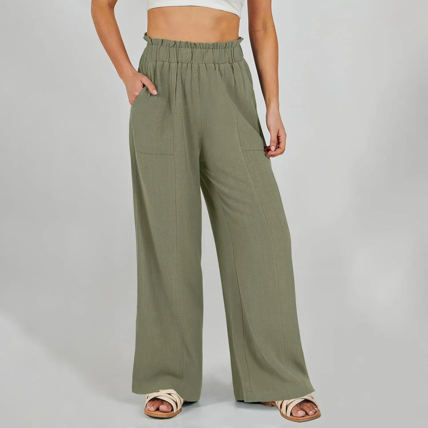 Palazzo Linen Pants for Women Elastic High Waisted Wide Leg Pants Flowy Lounge Pants Summer Beach Pants with Pockets