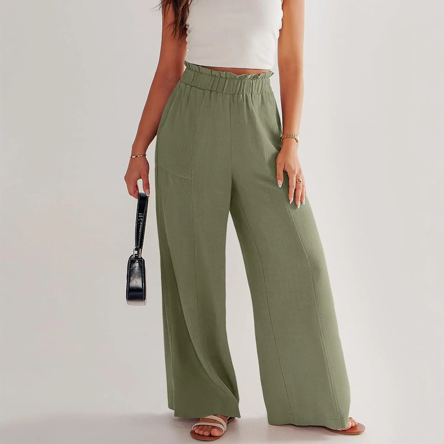 Palazzo Linen Pants for Women Elastic High Waisted Wide Leg Pants Flowy Lounge Pants Summer Beach Pants with Pockets