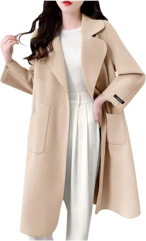 Pea Coats for Women Notched Lapel Collar Long Pea Coats Classic Open Front Wool Blend Jackets Plus Size Trench Coats