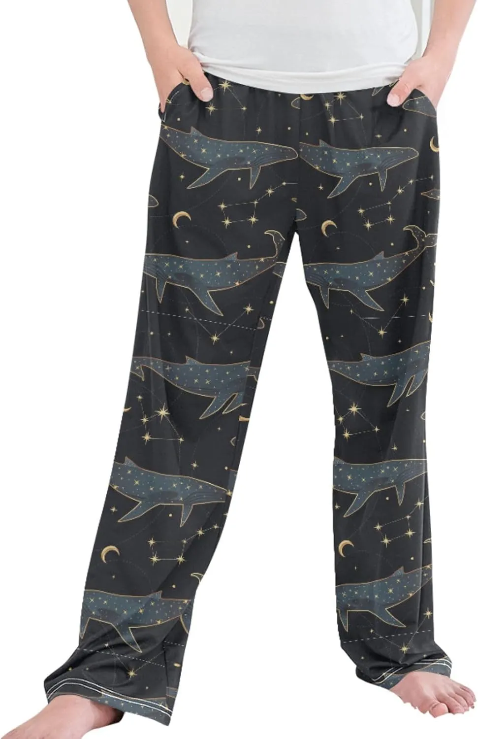 Pigsaly Boys' Pants Bohemian Whale Long Bottoms Yellow Moon Stars Jogger Pants Elastic Waist Trousers With Pockets S